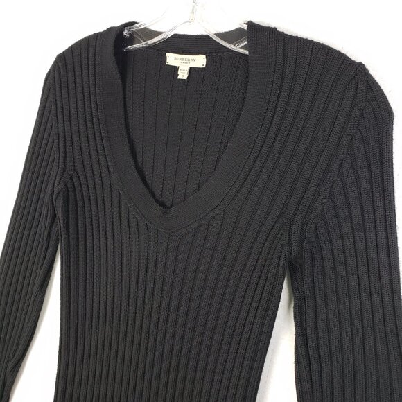 BURBERRY London Wool Sweater Plaid Elbow Patches Ribbed Knit Black V-neck size S - Picture 6 of 11
